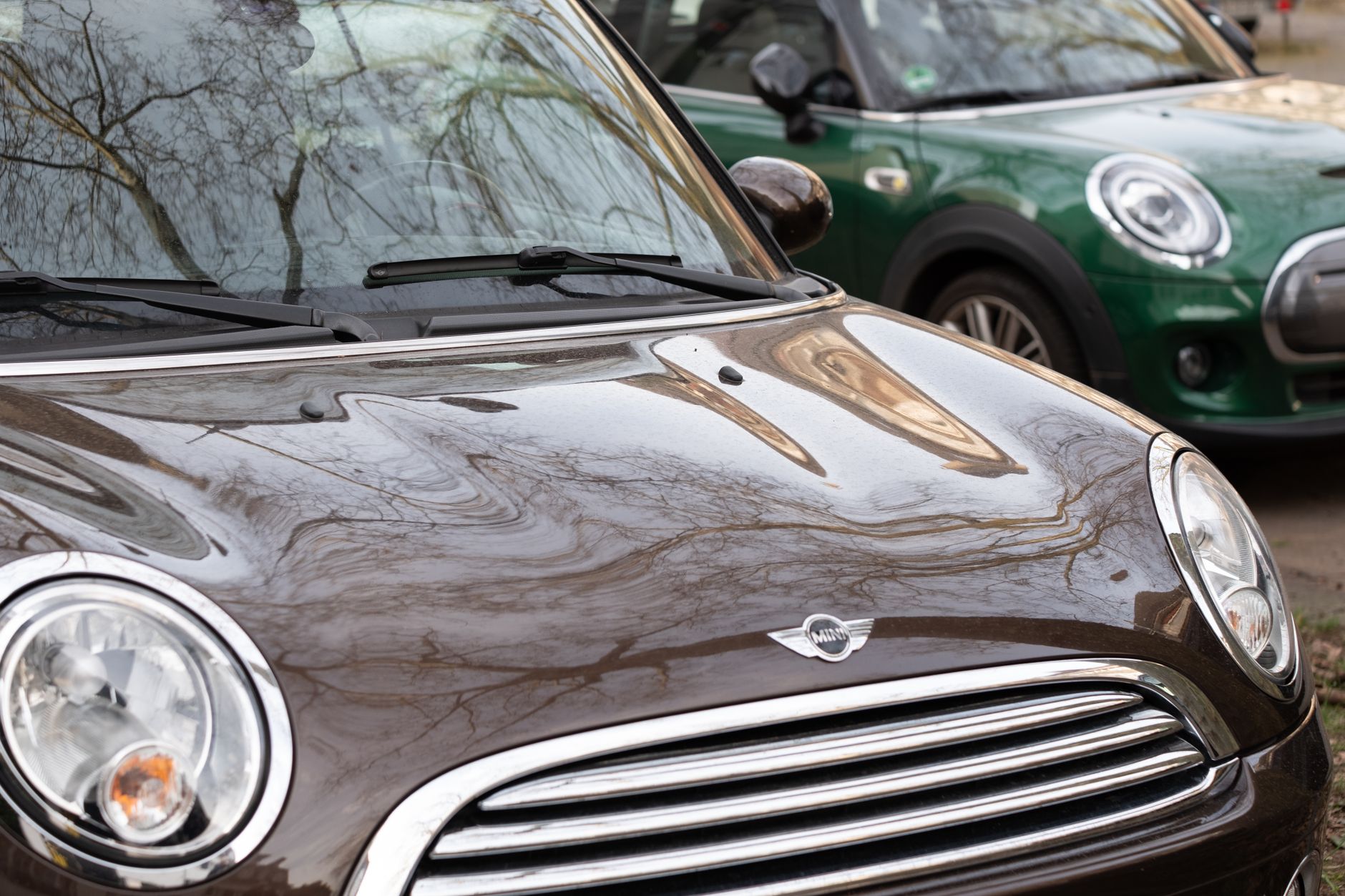 Close-up of two Mini Cooper cars reflecting urban surroundings, emphasizing modern design. — How important is the role of tru