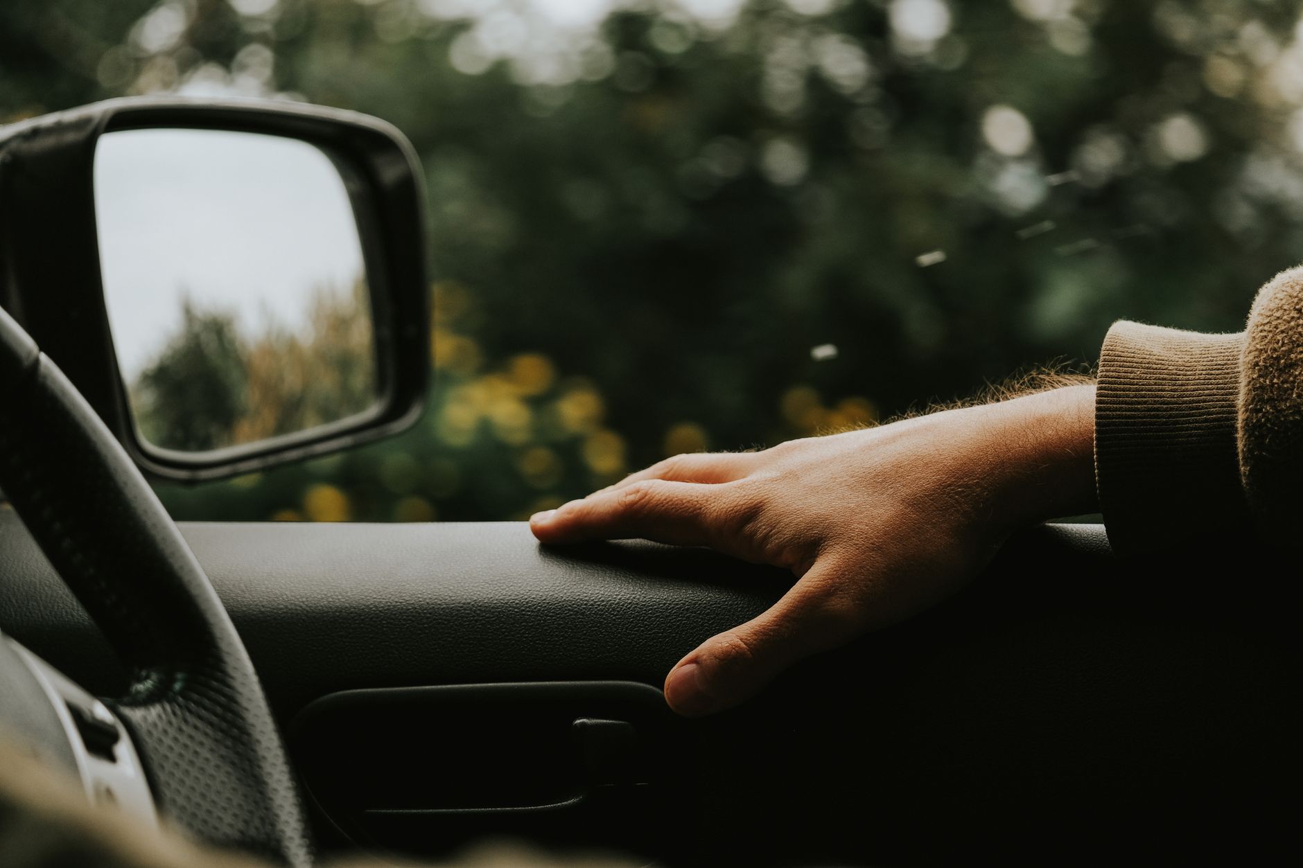 A serene view of a hand resting on a car door inside a parked vehicle surrounded by nature. — Night Driving Tips You should k