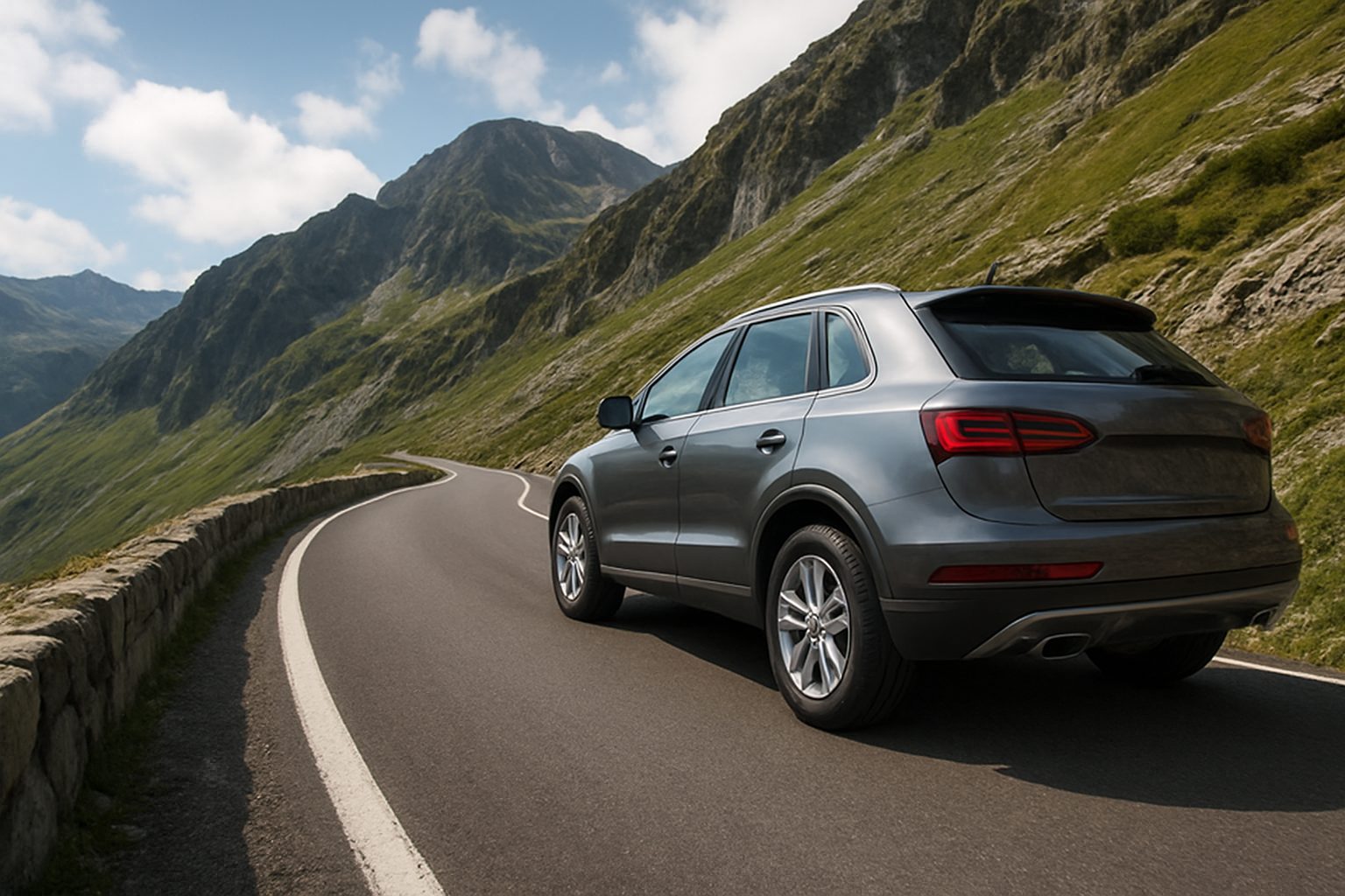 A silver SUV driving along a winding road surrounded by green mountains.